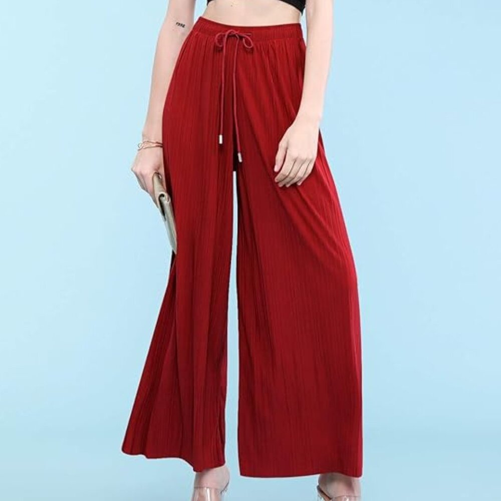 Women's Pleated Wide Leg Palazzo Pants with Drawstring (S-M One Size)